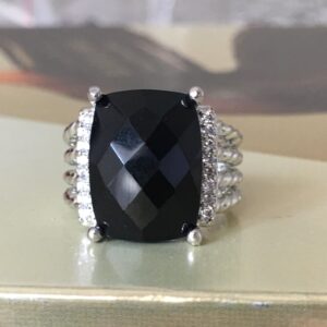 Designer Inspired Twisted Cable 16x12mm Black Onyx Checkerboard Cushion Ring Size 7, 9 (8)