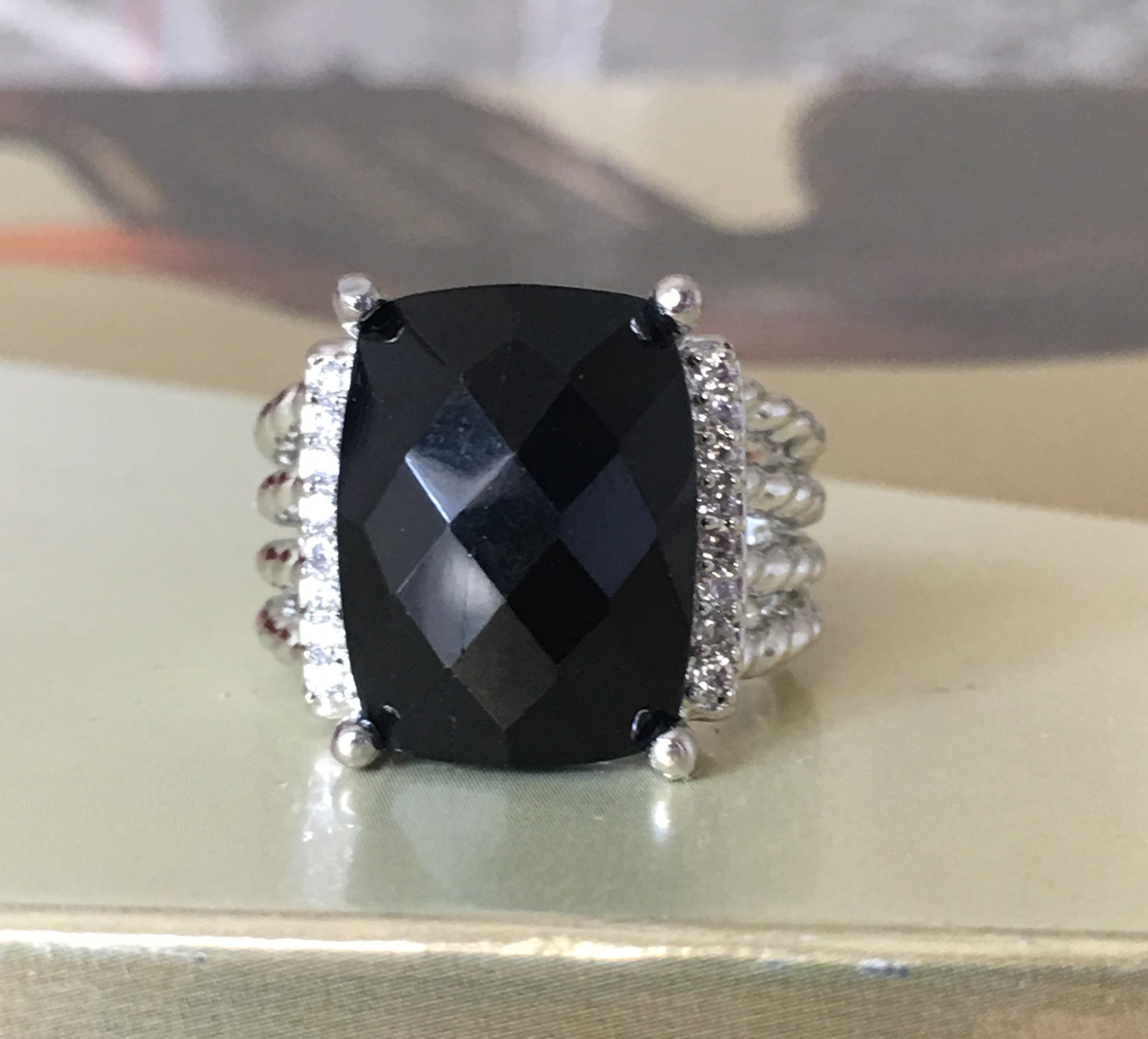 Designer Inspired Twisted Cable 16x12mm Black Onyx Checkerboard Cushion Ring Size 7, 9 (8)