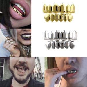 24K Gold Plated Punk Custom Fit Teeth Grillz Caps Top & Bottom Grill Set Removable Hip Hop Mouth Grills For Women Men Gift Halloween Party Photo Fancy Dress Accessories Gold