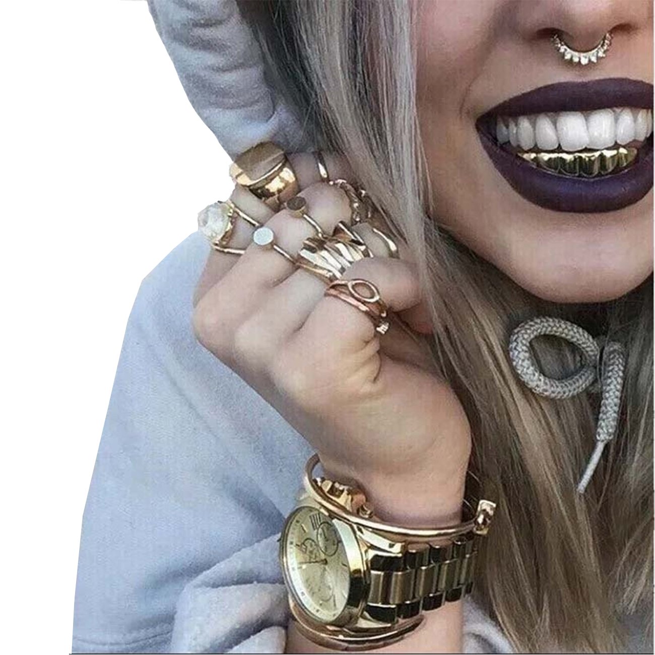 24K Gold Plated Punk Custom Fit Teeth Grillz Caps Top & Bottom Grill Set Removable Hip Hop Mouth Grills For Women Men Gift Halloween Party Photo Fancy Dress Accessories Gold