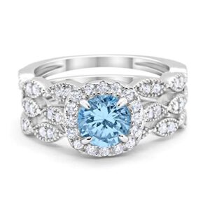 Blue Apple Co. Halo Art Deco Three Piece Wedding Engagement Bridal Set Ring Band Solid Simulated Aquamarine CZ 925 Sterling Silver, Size-12