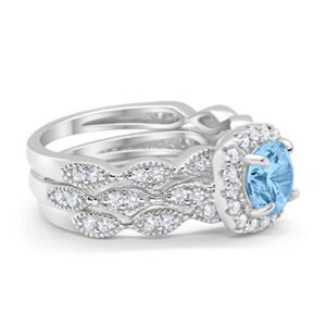 Blue Apple Co. Halo Art Deco Three Piece Wedding Engagement Bridal Set Ring Band Solid Simulated Aquamarine CZ 925 Sterling Silver, Size-12