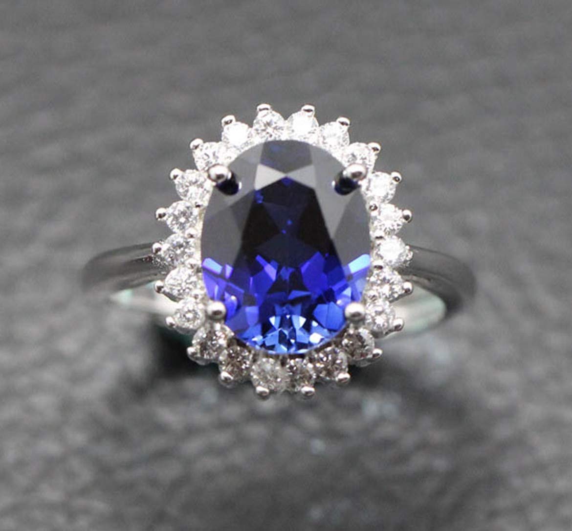 ZHUANBAI Ring of Princess Diana S925 Silver Oval Blue Stone Colored Stones Rings Prong Setting Women (10X12mm)