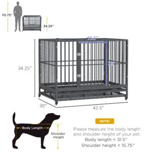 PawHut 43" Heavy Duty Dog Crate Metal Cage Kennel with Lockable Wheels, Double Door and Removable Tray, Gray