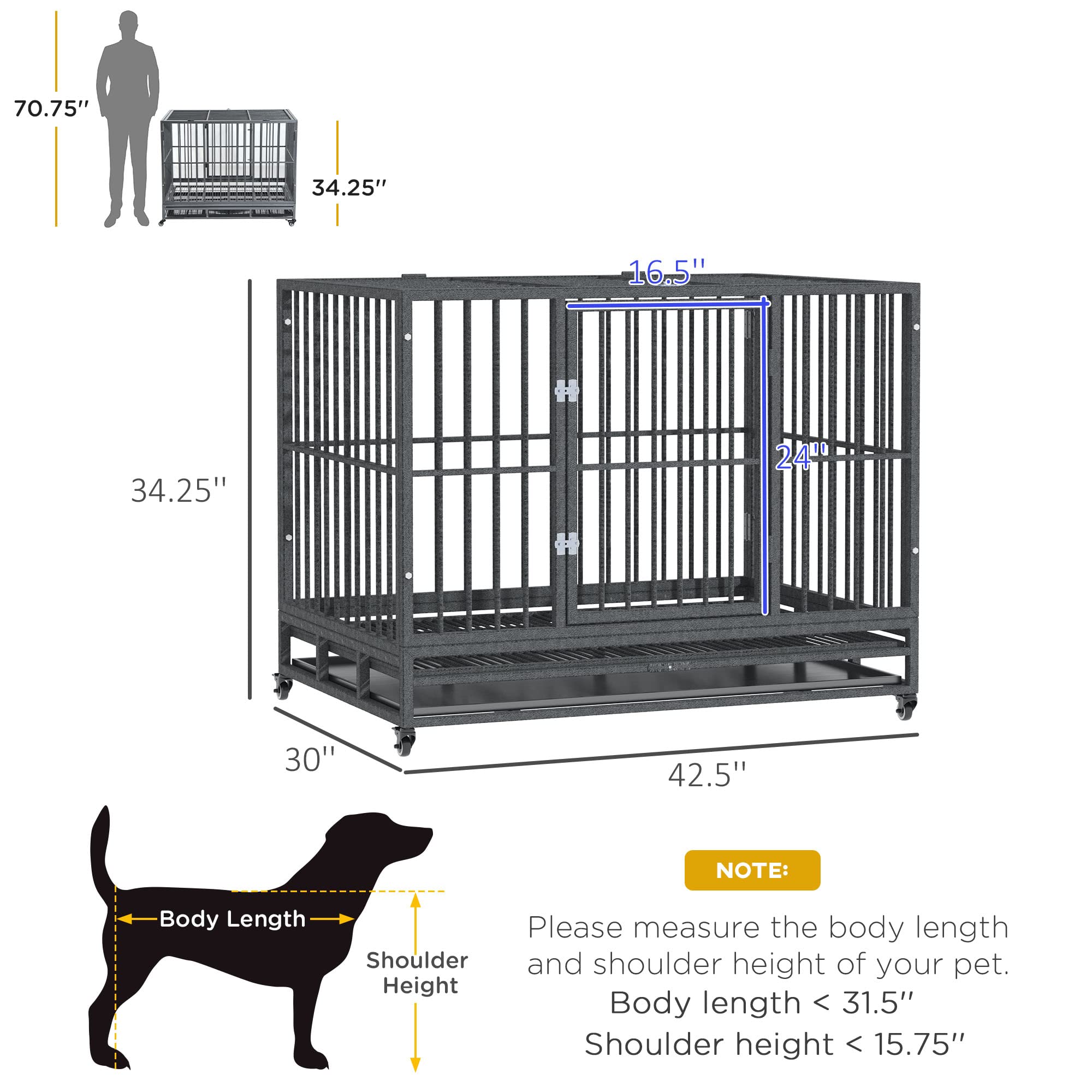 PawHut 43" Heavy Duty Dog Crate Metal Cage Kennel with Lockable Wheels, Double Door and Removable Tray, Gray