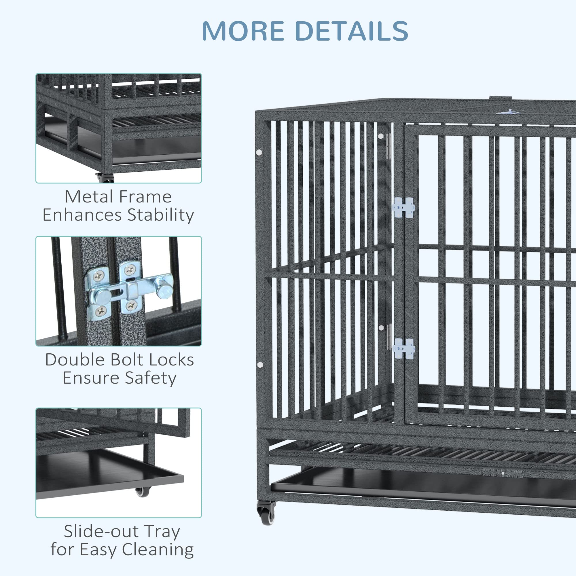 PawHut 43" Heavy Duty Dog Crate Metal Cage Kennel with Lockable Wheels, Double Door and Removable Tray, Gray