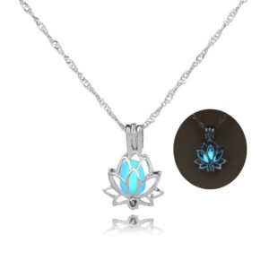 MYANAIL Luminous Lotus Pendant Necklace for Women Hollow Flower Lockets Necklace (Azure)