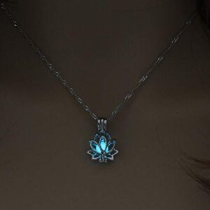 MYANAIL Luminous Lotus Pendant Necklace for Women Hollow Flower Lockets Necklace (Azure)