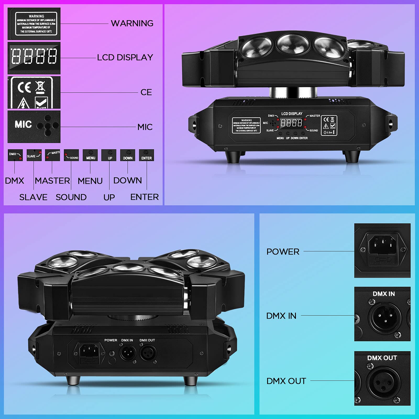 Spider Moving Head Lights, U`King DJ Lights 9 LEDs Heads X 10W RGB Stage Lighs 12/19 Channels DMX-512 and Sound Activated Great for Wedding Disco Party Light