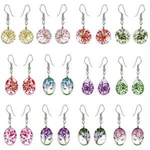 12 pairs multicolor pressed flower dangle earrings for women-life of tree drop earrings for grils- womens dangle earrings pack- teen girls earrings yellow pink purple red green earring set for teens