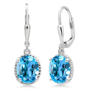 Gem Stone King 925 Sterling Silver Swiss Blue Topaz Leverback Dangle Earrings For Women (4.50 Cttw, Gemstone November Birthstone, Oval 9X7MM)