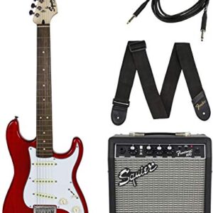 Squier by Fender Short Scale Stratocaster Pack with Frontman 10G Amp, Cable, Strap, and Picks - Red