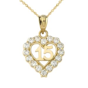 elegant 10k yellow gold quinceanera open heart charm pendant necklace with cubic zirconia, 22"