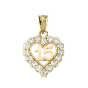 Elegant 14k Yellow Gold Quinceanera Open Heart Charm Pendant Necklace with Cubic Zirconia, 18"