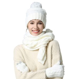 warm scarf glove hat beanie set - cable knit winter gift set pom cap touch screen glove long scarf 3 pcs set for women