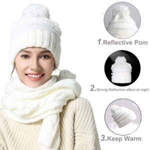 Warm Scarf Glove Hat Beanie Set - Cable Knit Winter Gift Set Pom Cap Touch Screen Glove Long Scarf 3 PCS Set for Women