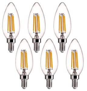 flsnt 60w equivalent led chandelier light bulbs, dimmable, e12 base, clear b11 led filament candelabra bulbs, 2700k soft white, 6 pack