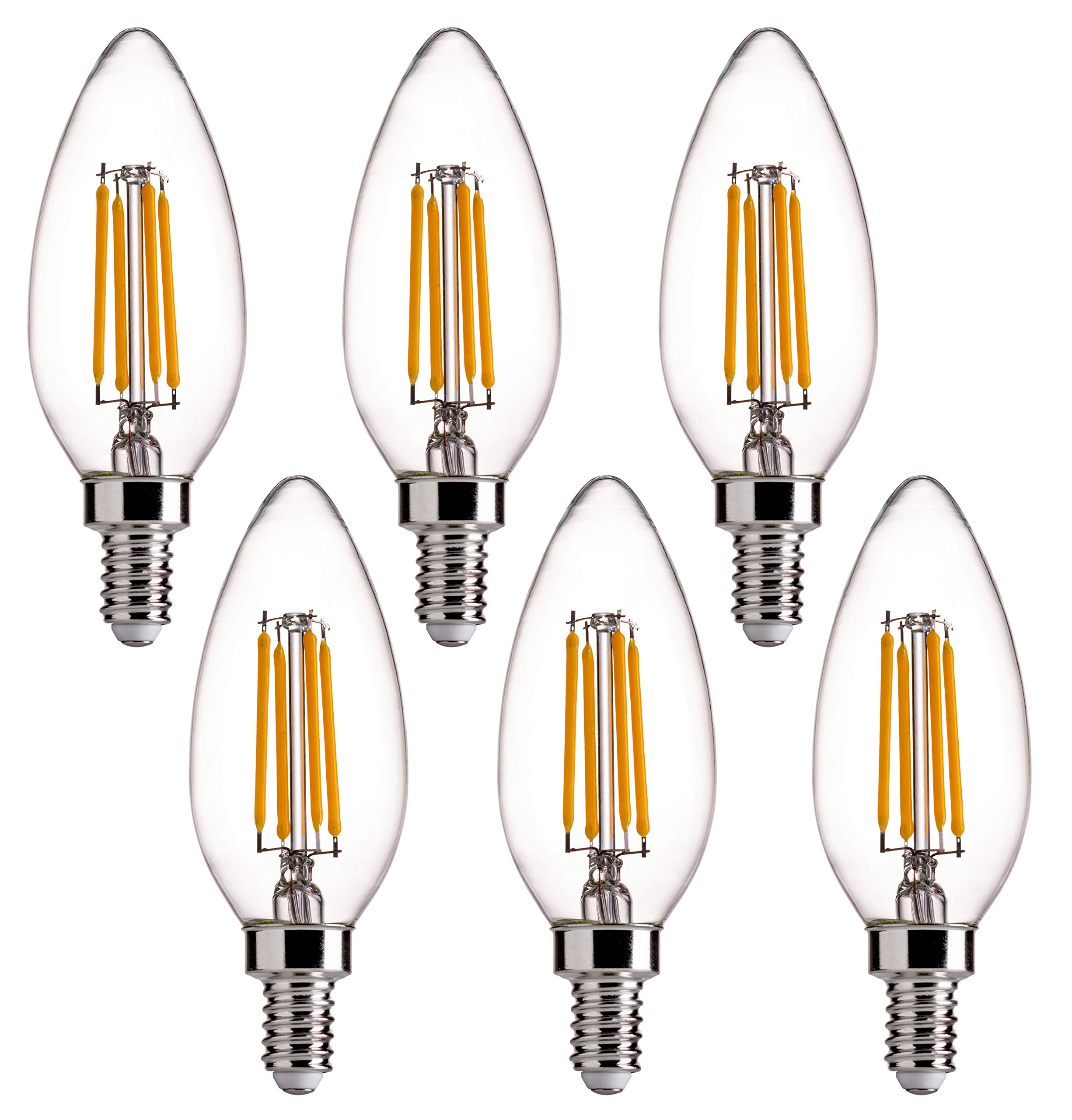 FLSNT 60W Equivalent LED Chandelier Light Bulbs, Dimmable, E12 Base, Clear B11 LED Filament Candelabra Bulbs, 2700K Soft White, 6 Pack