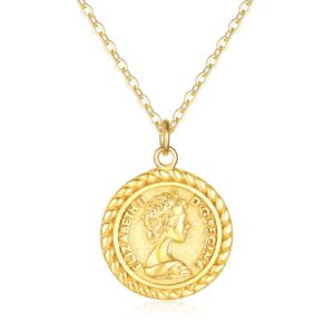 VACRONA Coin Necklace for Women 18k Gold Plated Vintage Coin Round Pendant Necklace Gold Circle Disk Medal Textured Medallion Protection Dainty Jewelry Gift for Her