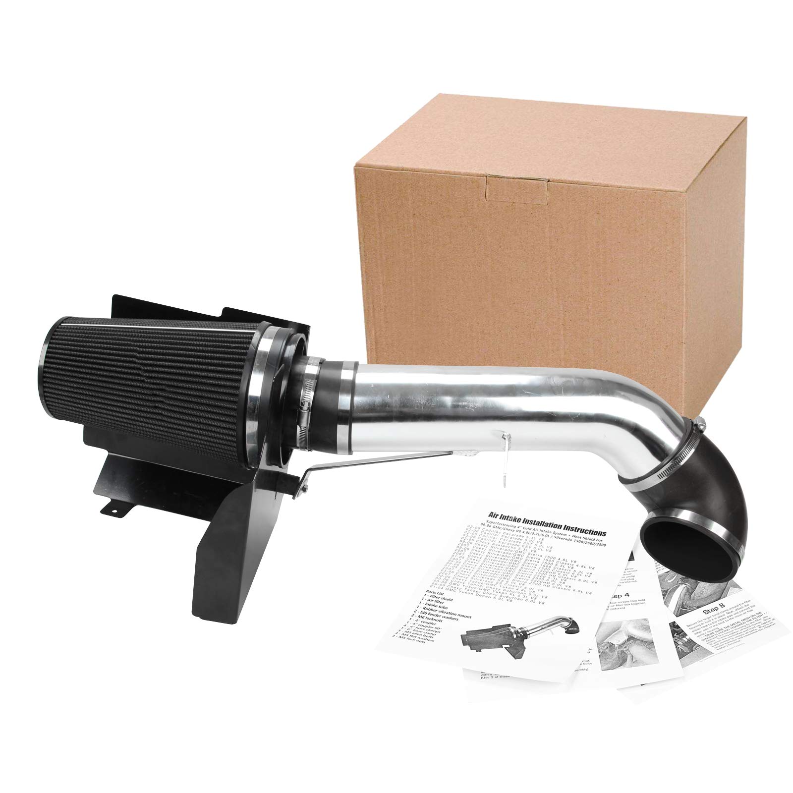 SUPERFASTRACING 4" Cold Air Intake System + Heat Shield Replacement for 1999-2006 GMC/Chevy V8 4.8L/5.3L/6.0L Silverado 1500/2500/3500 (Black)