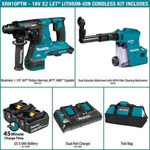 Makita XRH10PTW 18V x2 LXT (36V) Brushless Cordless 1-1/8" AVT Rotary Hammer Kit, Accepts Sds-Plus Bits w/Extractor, Aft, AWS Capable (5.0Ah)