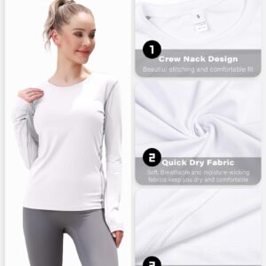 WANAYOU Women's 2 Pack Compression Shirt Dry Fit Long Sleeve Workout Shirts Yoga Athletic Running T Shirt Undershirts Baselayers(2 Pack White, Medium)