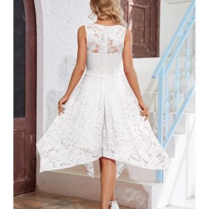 Meetjen White Wedding Dress for Bride Lace Cocktail Dress Asymmetrical Dresses Elegant Floral Lace Sleeveless Handkerchief Hem Party V-Neck Dress White XL