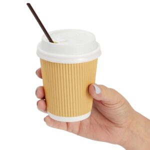 Juvale 100 Pack 8 oz Insulated Disposable Coffee Cups with Lids - Kraft Paper Cup with Stirring Straws for Hot Drinks, Beverages