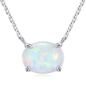 Sterling Silver Opal Necklace, 925 Sterling Silver & 14K White Gold Plating, October Birthstone Necklace, Small Oval Opal Jewelry For Women, Gemstone Necklace, Simple Necklace (White Gold)