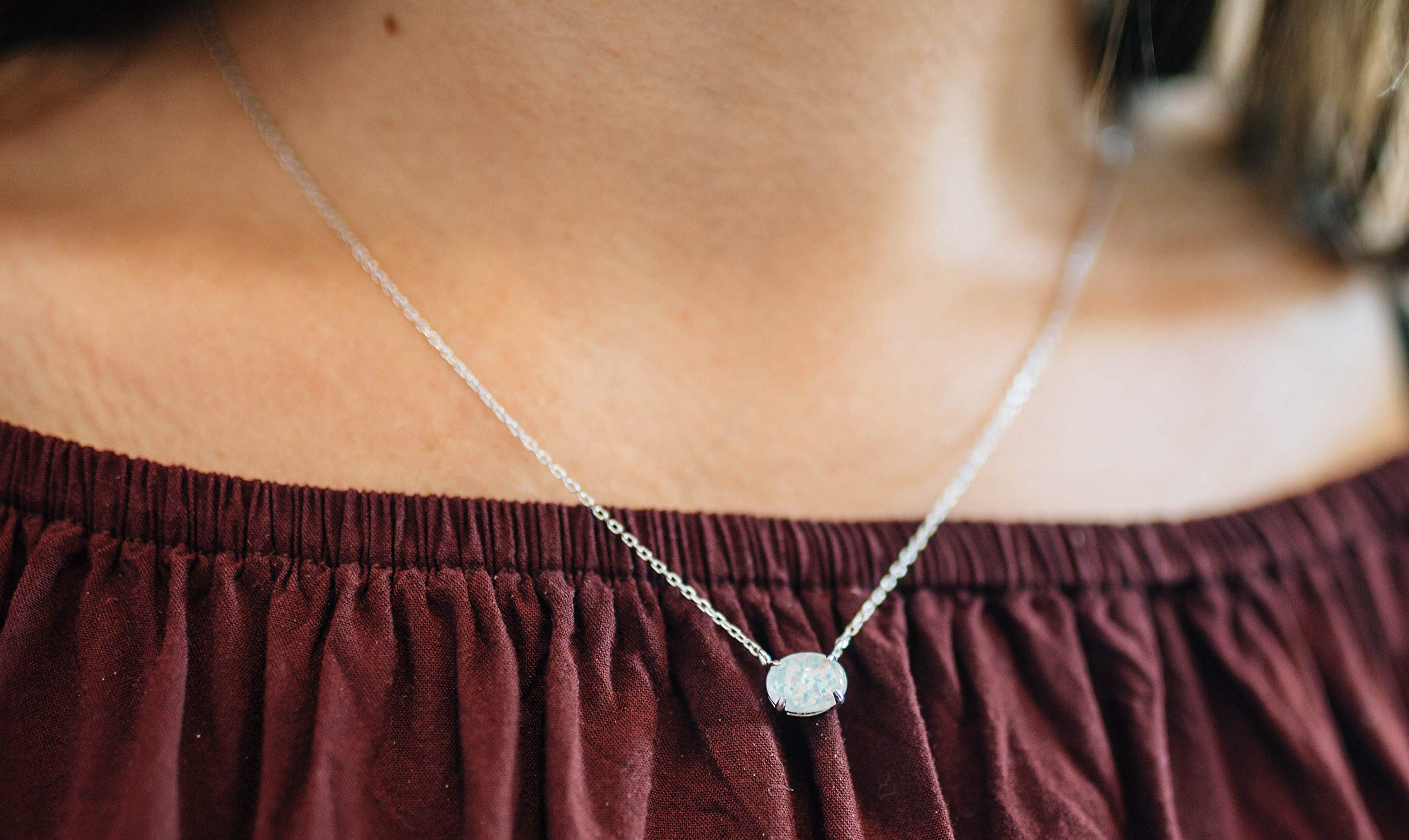 Sterling Silver Opal Necklace, 925 Sterling Silver & 14K White Gold Plating, October Birthstone Necklace, Small Oval Opal Jewelry For Women, Gemstone Necklace, Simple Necklace (White Gold)