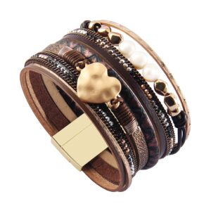 AZORA Leather Cuff Bracelet Multi Strands Brown Wrap Bangle with Pearl Boho Jewelry for Women Gift