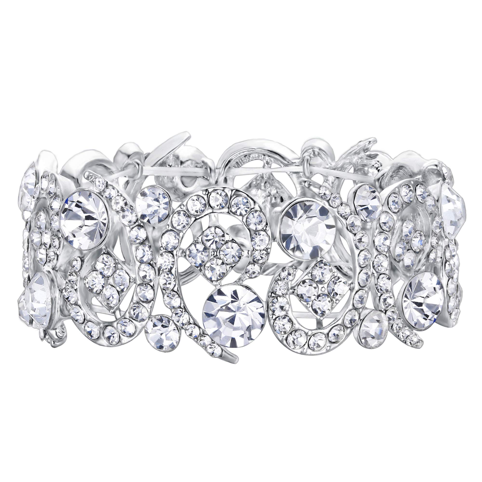 EVER FAITH Women's Austrian Crystal Stunning Hollow Floral Bridal Stretch Bracelet Silver-Tone