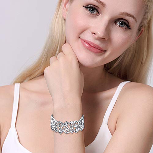 EVER FAITH Women's Austrian Crystal Stunning Hollow Floral Bridal Stretch Bracelet Silver-Tone