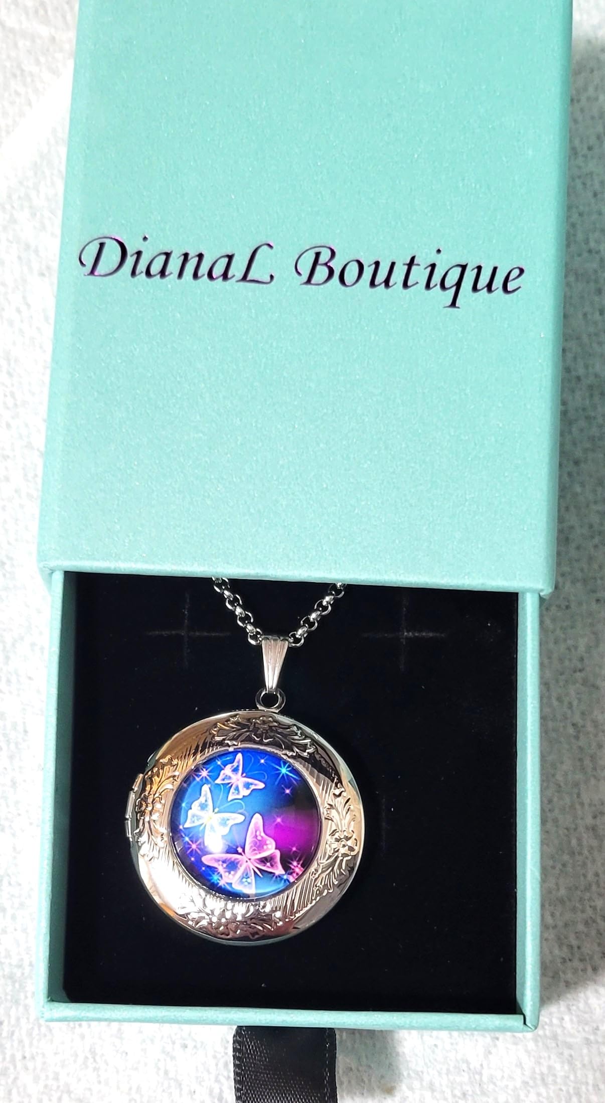 DianaL Boutique Silver Tone Beautiful Blue and Purple Butterfly Locket Pendant Necklace with 24" Stainless Steel Chain