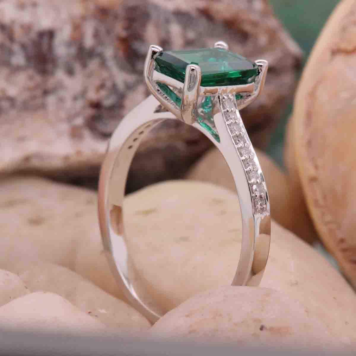 Dazzlingrock Collection 10K 8X6 MM Emerald Cut Lab Created Emerald & Round Diamond Engagement Ring, White Gold, Size 5