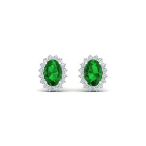 diamondere natural and certified oval cut emerald halo diamond petite earrings in 14k white gold | 1.13 carat earrings for women