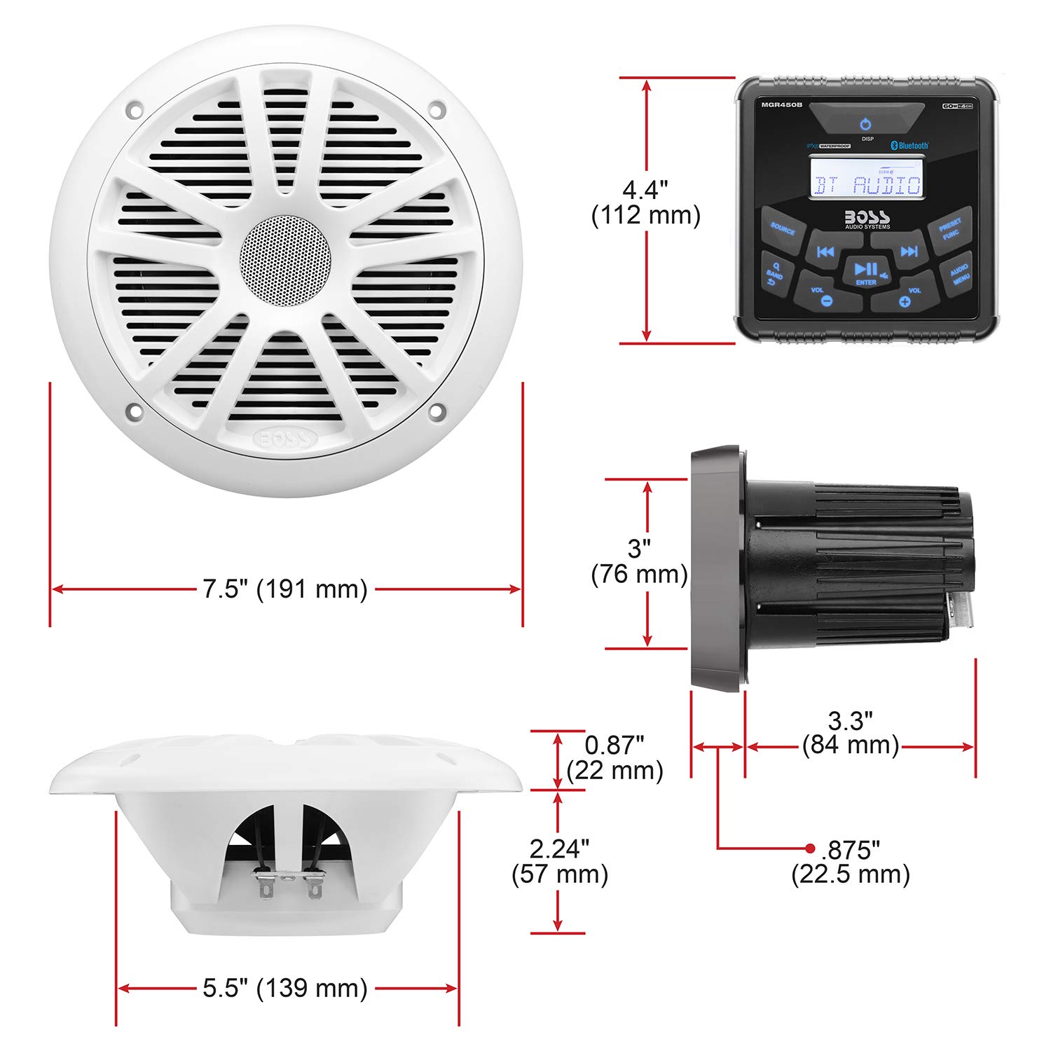 BOSS Audio Systems MCKGB450W.6 6.5 Inch Speakers & Marine Boat Gauge Stereo - Bluetooth Head Unit, No CD DVD Player, AM/FM Radio Receiver, NOAA Weather Band, IPX6 Weatherproof, USB