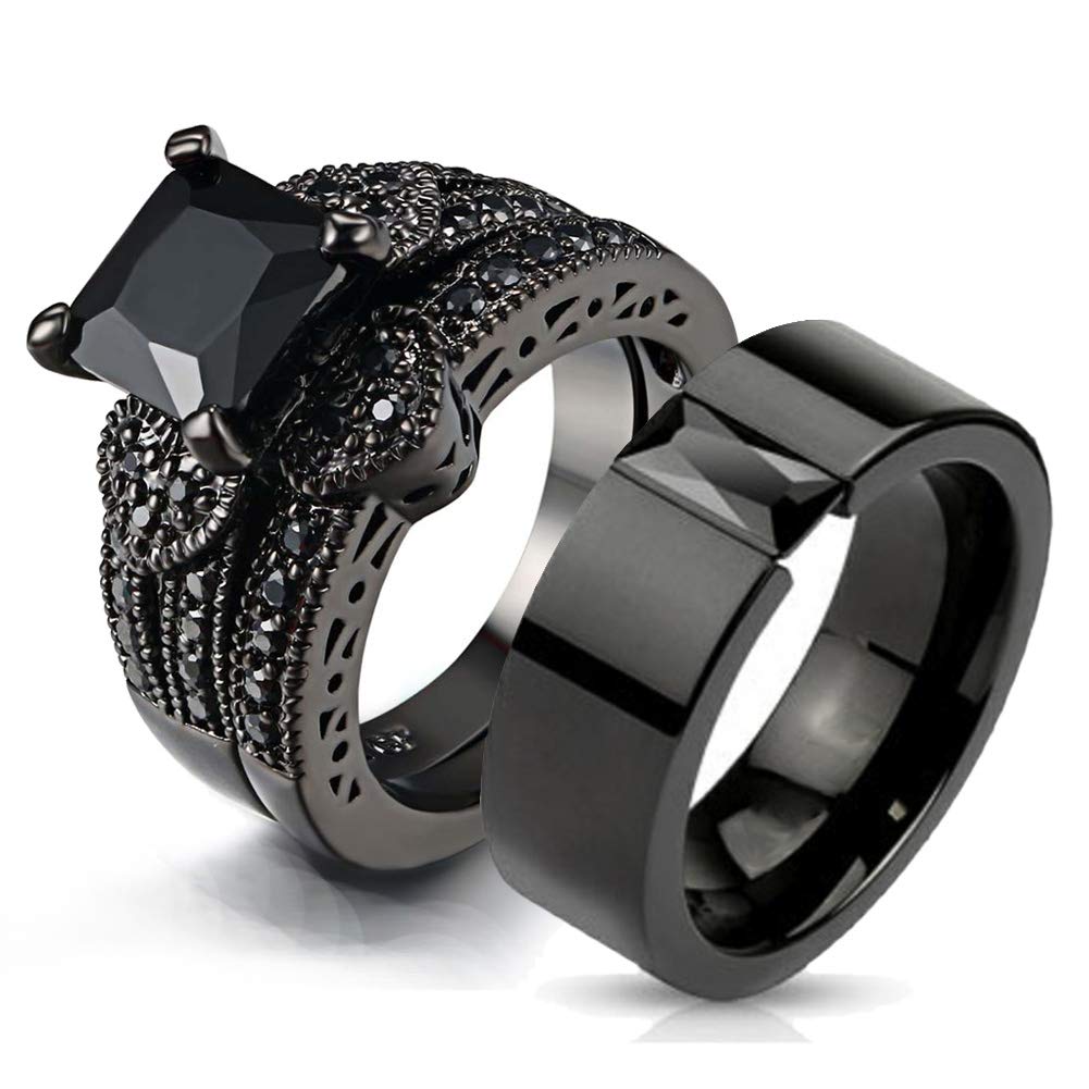 Couple Ring Bridal Sets His and Hers Women Black Gold Filled Square CZ Men Titanium Band Wedding Ring Band Set