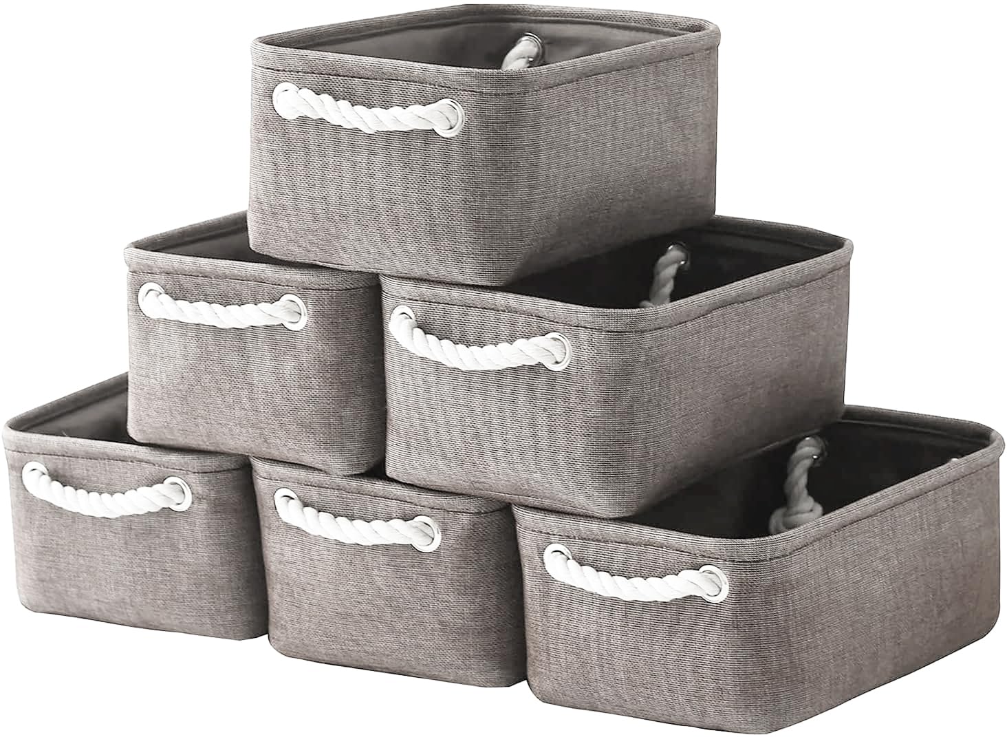 TheWarmHome Foldable Small Storage Baskets with Strong Cotton Rope Handles [6-Pack] Gray Collapsible Storage Bins Set Works Room Storage, Nursery Baskets