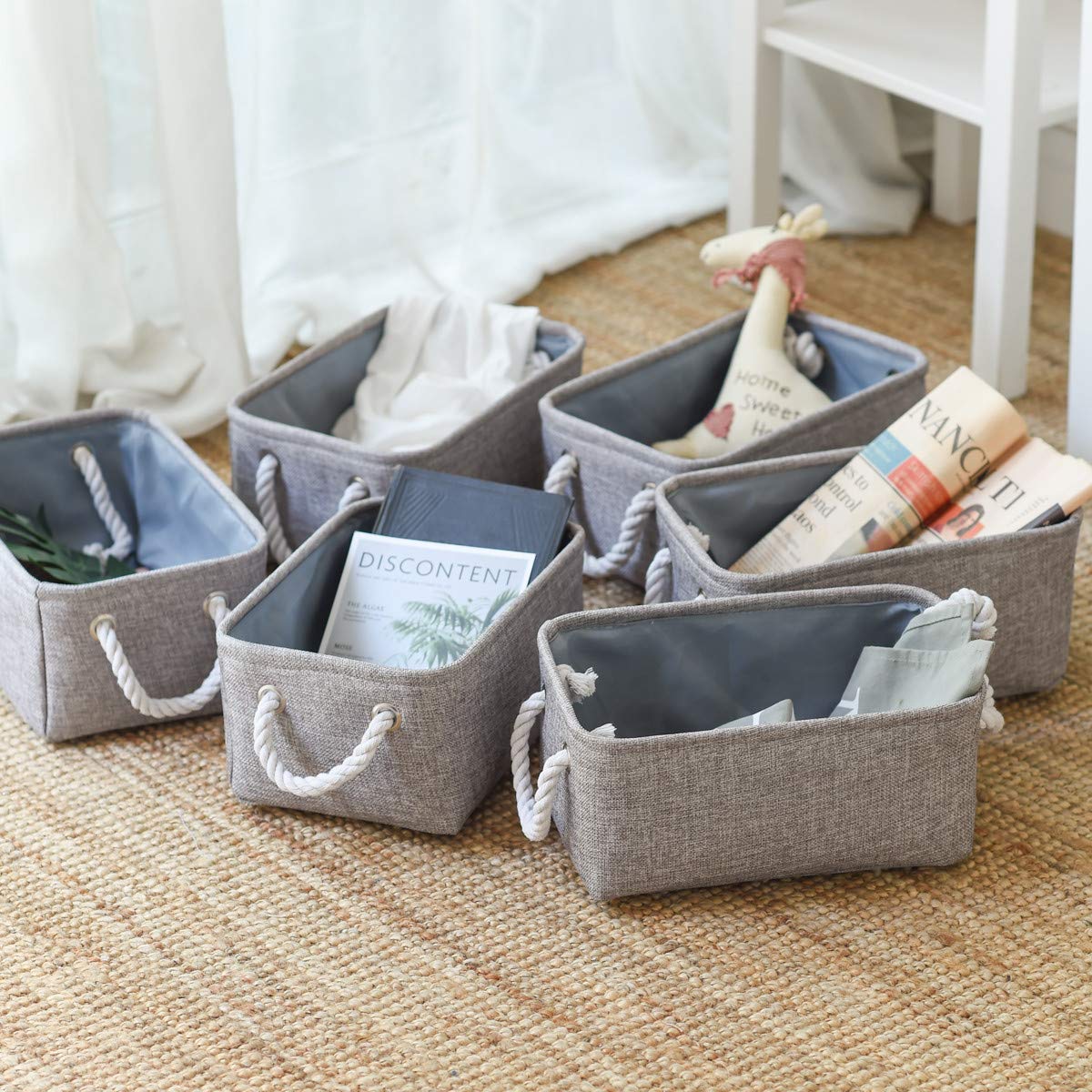 TheWarmHome Foldable Small Storage Baskets with Strong Cotton Rope Handles [6-Pack] Gray Collapsible Storage Bins Set Works Room Storage, Nursery Baskets