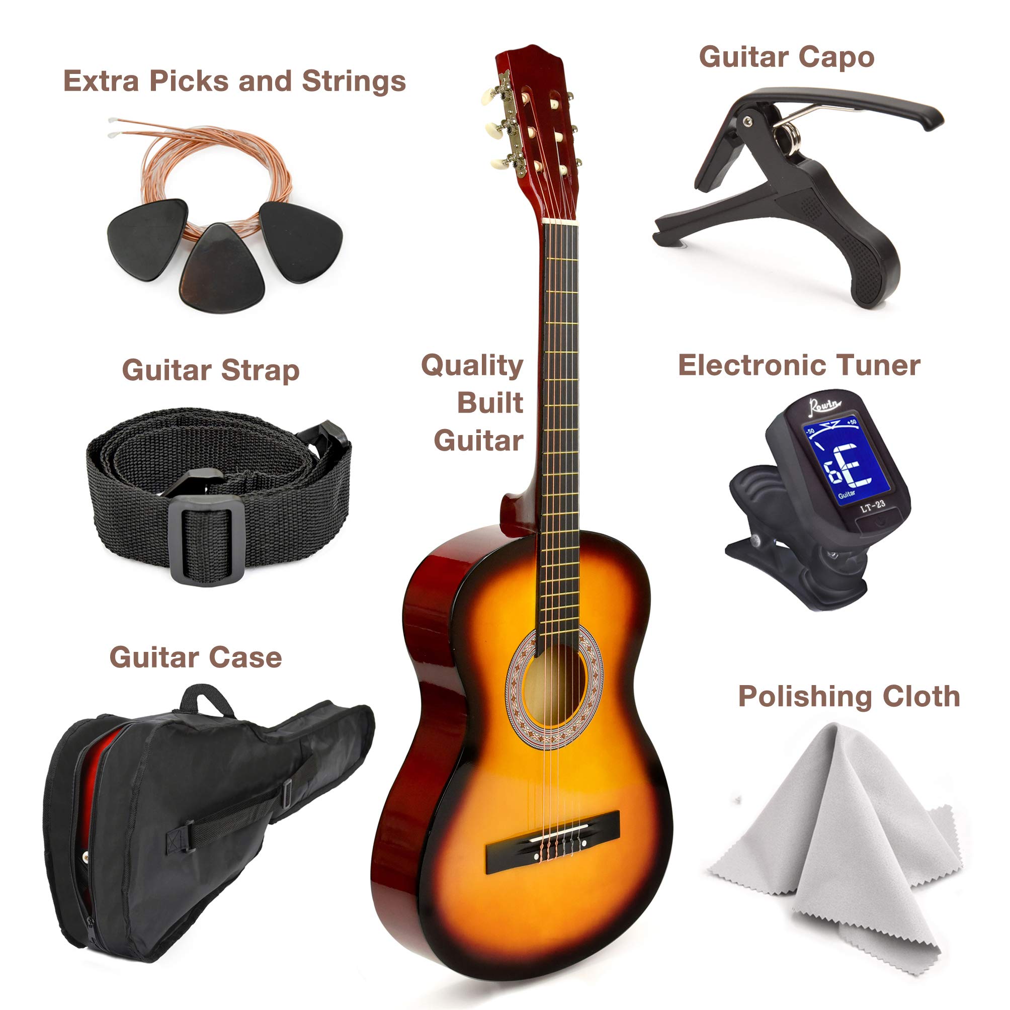 38" Wood Guitar With Case and Accessories for Kids/Boys/Girls/Teens/Beginners (Sunburst)