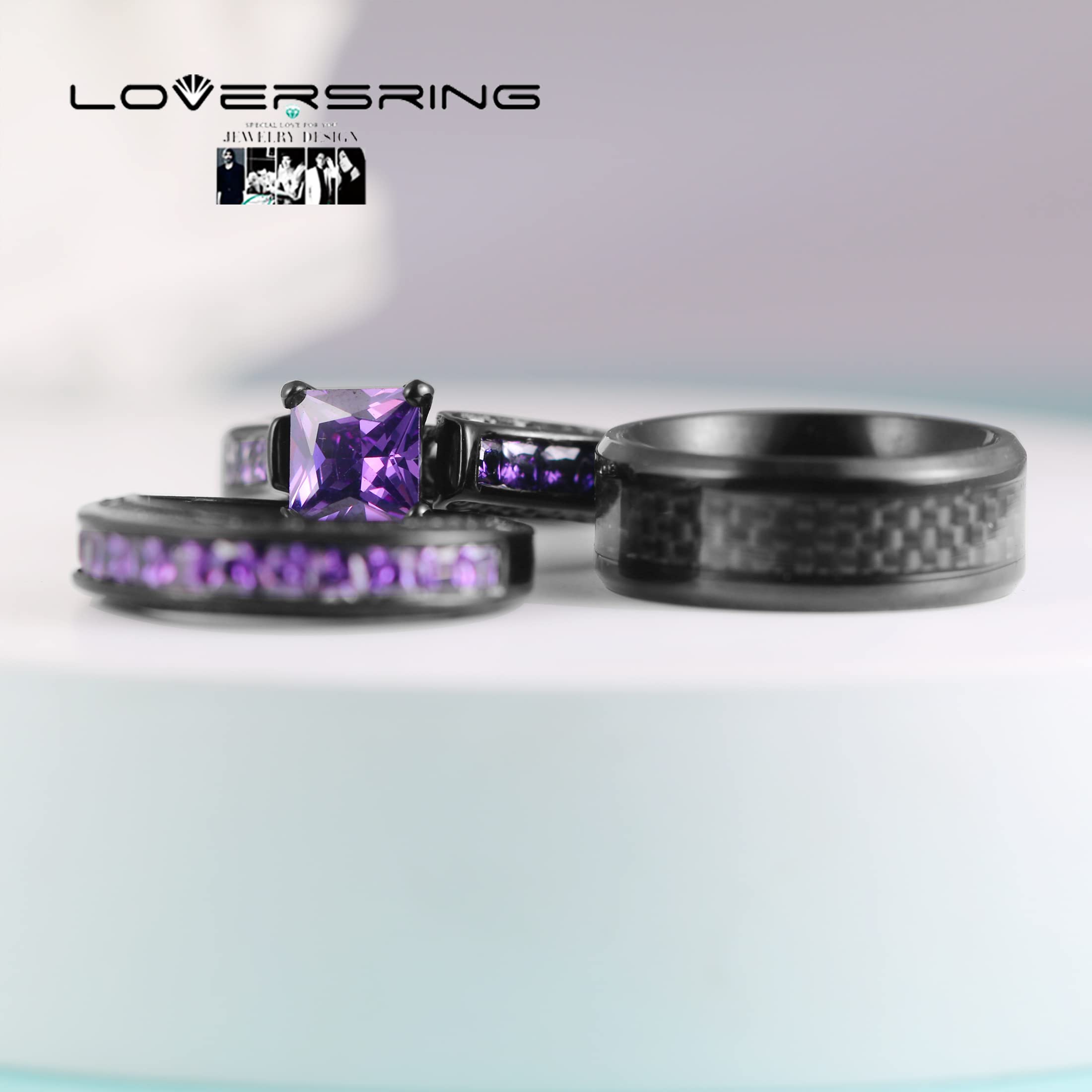 LOVERSRING His and Hers Couple Ring Bridal Set His Hers Women Black Gold Filled Square Cz Man Tungsten Carbide Wedding Ring Band Set