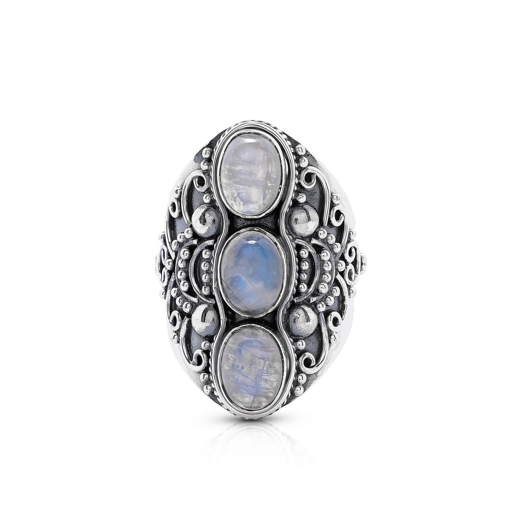 Koral Jewelry Moonstone 3 Stones Ethnic Vintge Look Multi Stone Ring 925 Sterling Silver Vintage Tribal Gipsy Boho Chic (8)