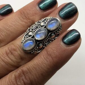 Koral Jewelry Moonstone 3 Stones Ethnic Vintge Look Multi Stone Ring 925 Sterling Silver Vintage Tribal Gipsy Boho Chic (8)