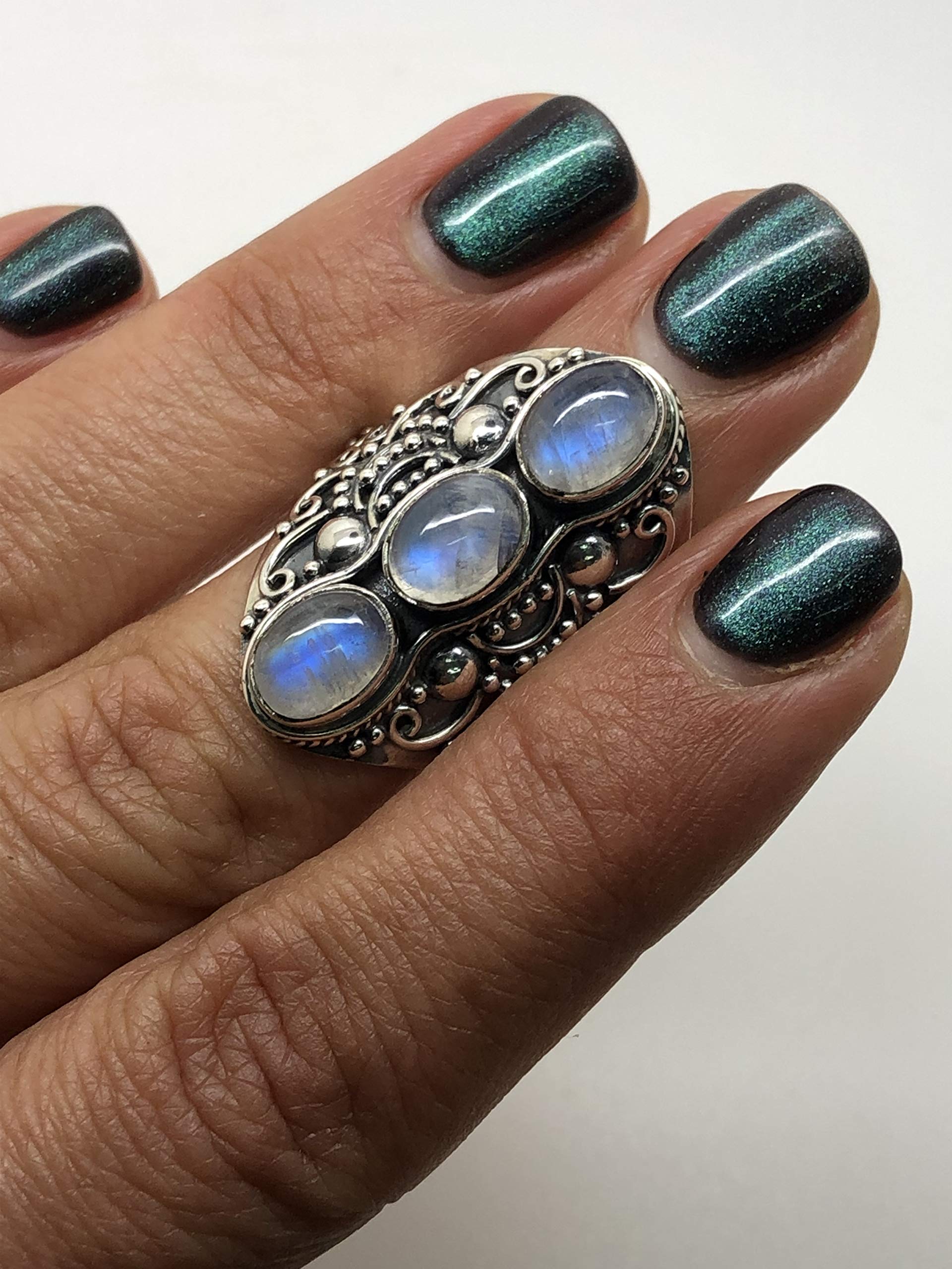 Koral Jewelry Moonstone 3 Stones Ethnic Vintge Look Multi Stone Ring 925 Sterling Silver Vintage Tribal Gipsy Boho Chic (8)