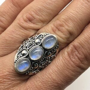 Koral Jewelry Moonstone 3 Stones Ethnic Vintge Look Multi Stone Ring 925 Sterling Silver Vintage Tribal Gipsy Boho Chic (8)