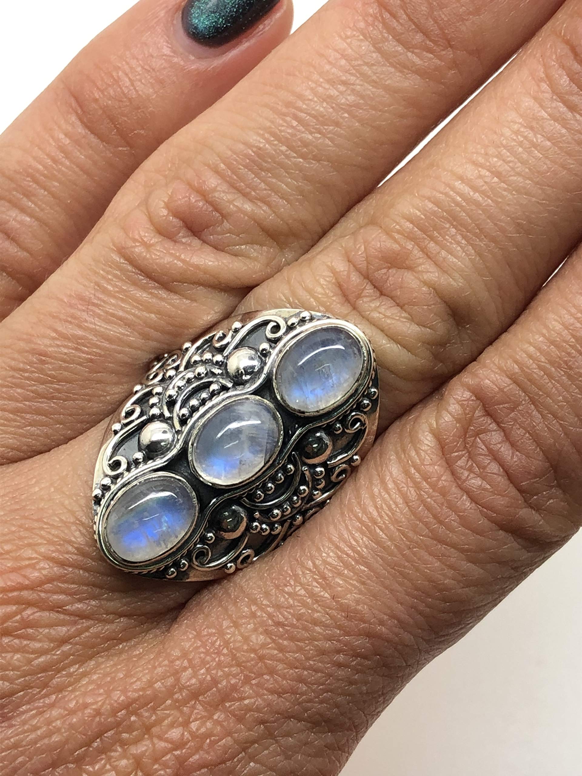 Koral Jewelry Moonstone 3 Stones Ethnic Vintge Look Multi Stone Ring 925 Sterling Silver Vintage Tribal Gipsy Boho Chic (8)