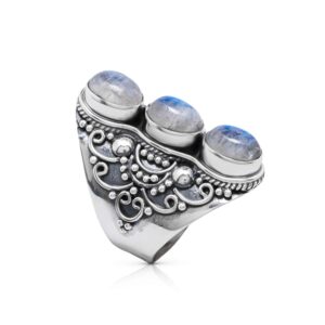 Koral Jewelry Moonstone 3 Stones Ethnic Vintge Look Multi Stone Ring 925 Sterling Silver Vintage Tribal Gipsy Boho Chic (8)