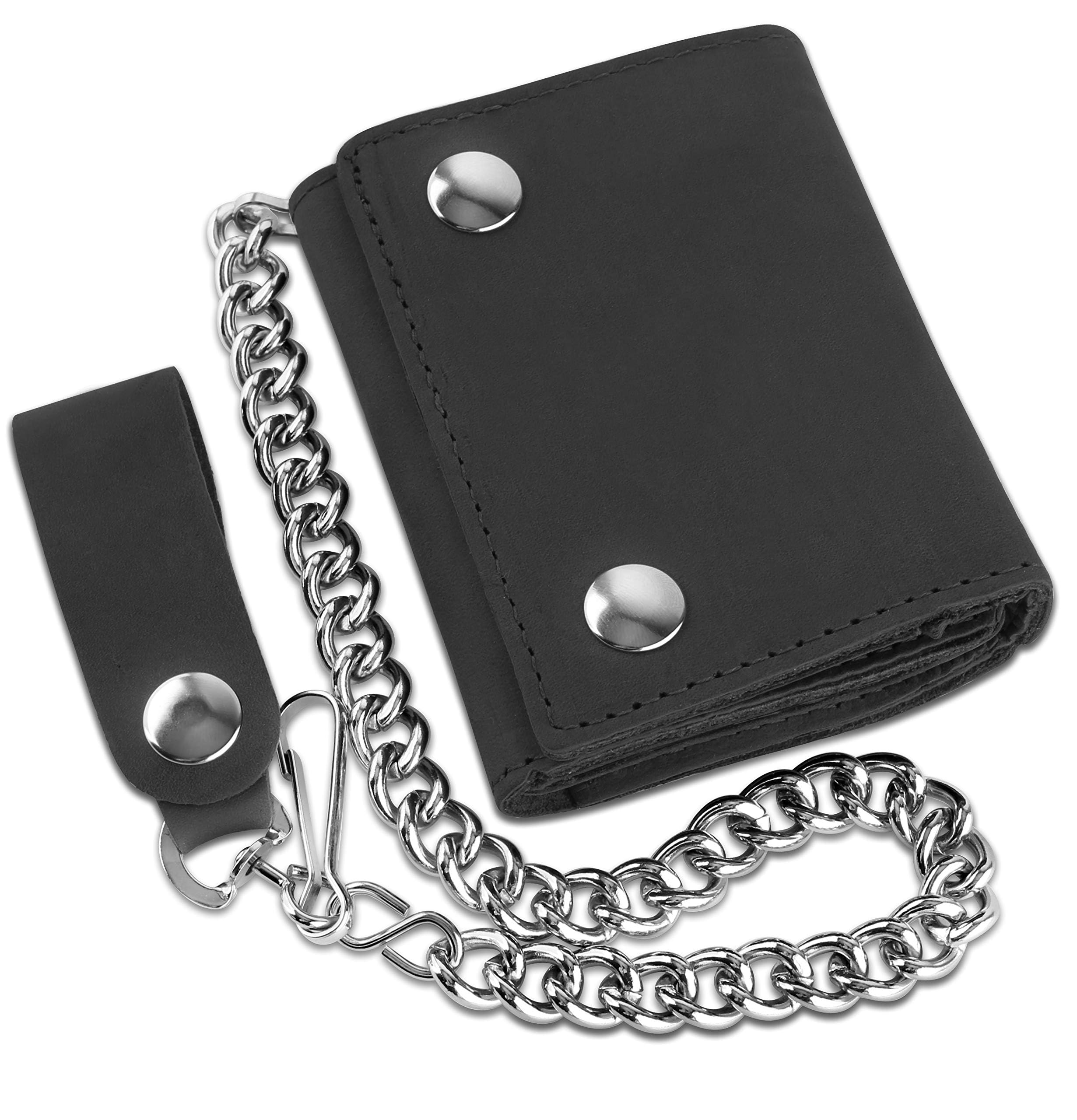 RFID Blocking Men's Tri-fold Vintage Biker Cowhide Leather Steel Chain Wallet,Snap closure, Made In USA,tc315-solid black