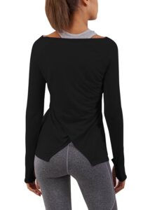 bestisun womens long sleeve yoga tops workout shirts yoga clothes tunic workout tops with thumb hole black m